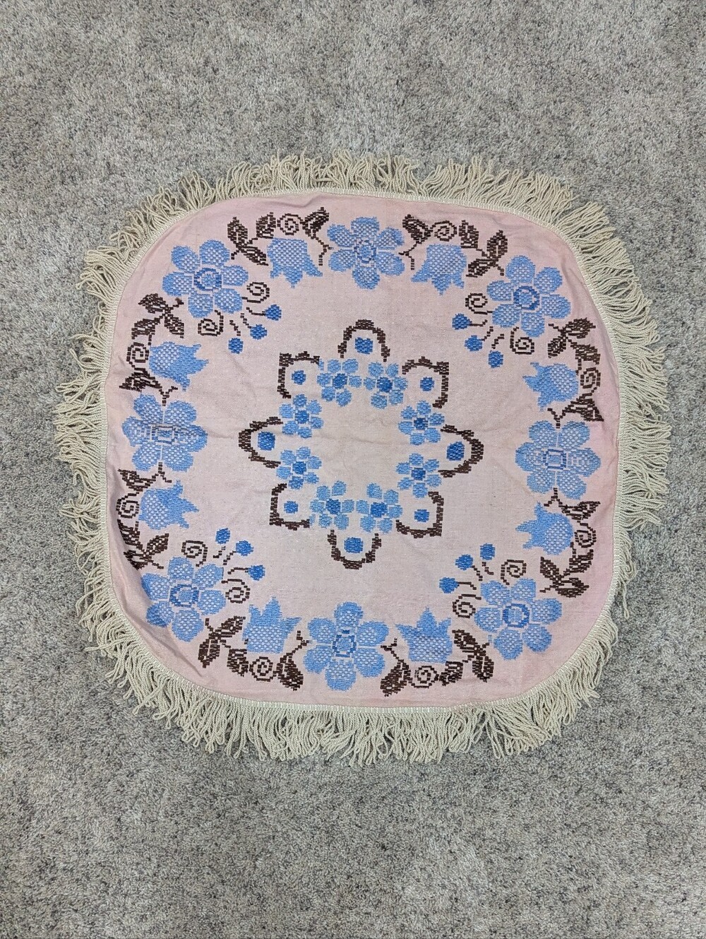Vintage 1850-1970 Floral Fringe Table Cloth - Pink and Blue